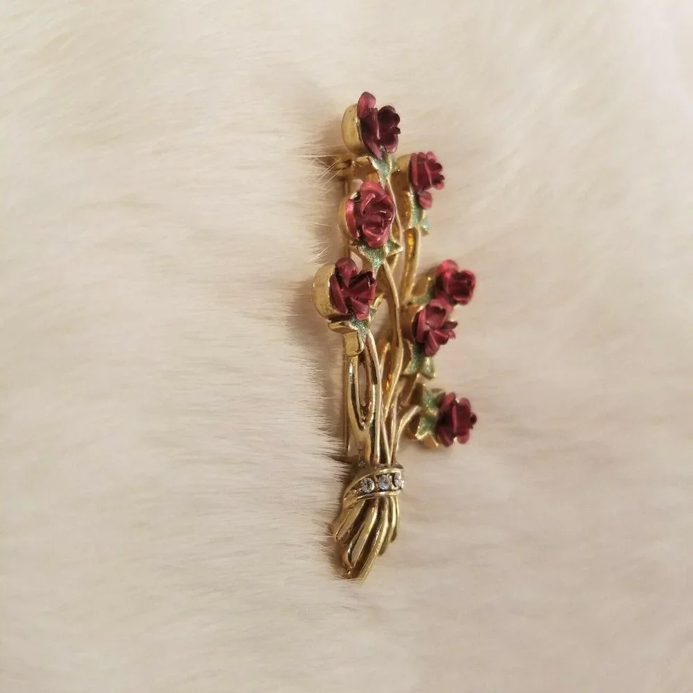 Vintage English Roses Brooch‎ Rhinestone Glitter Enamel Long Stem Floral 2509